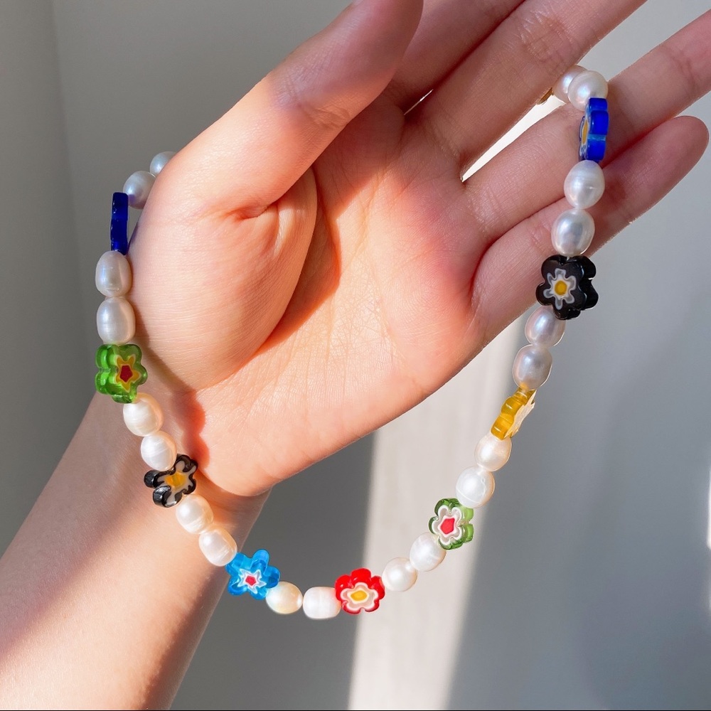 Real freshwater pearl flower glass beads necklace